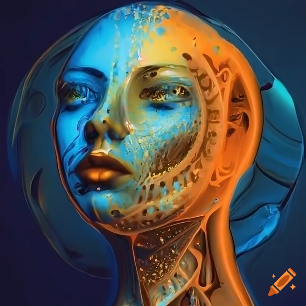 Abstract biomechanoid woman face in x-ray style with metallic surfaces