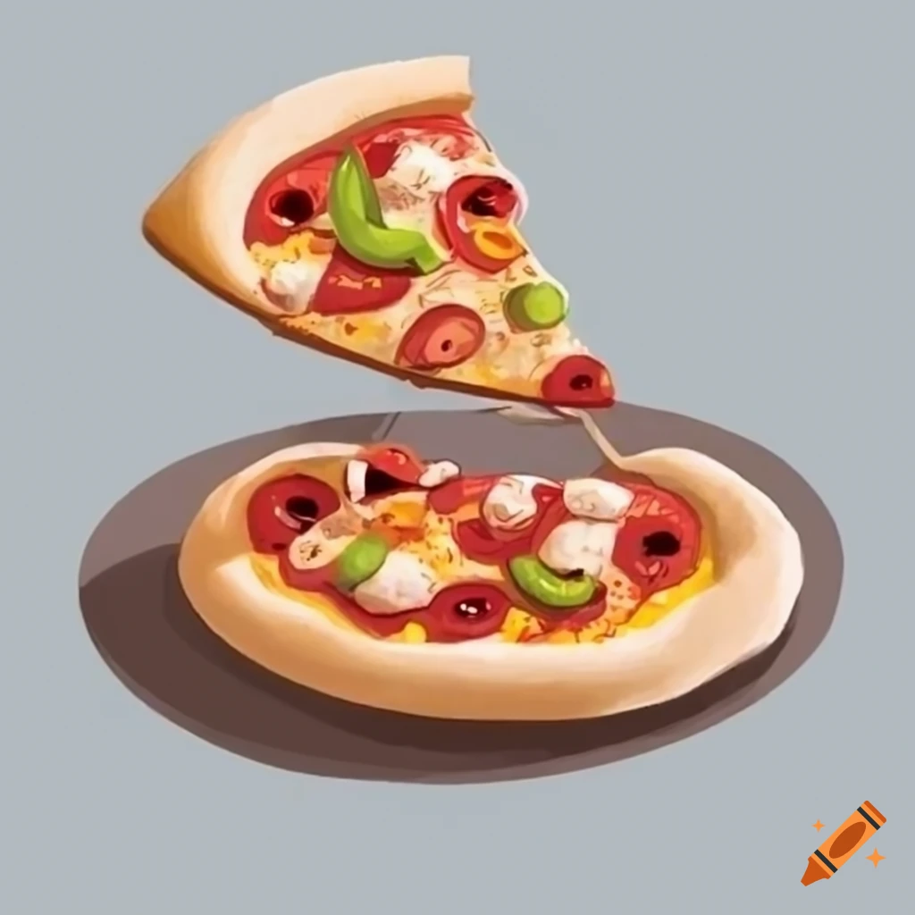 Italian pizza and fried potatoes in children's book style drawings