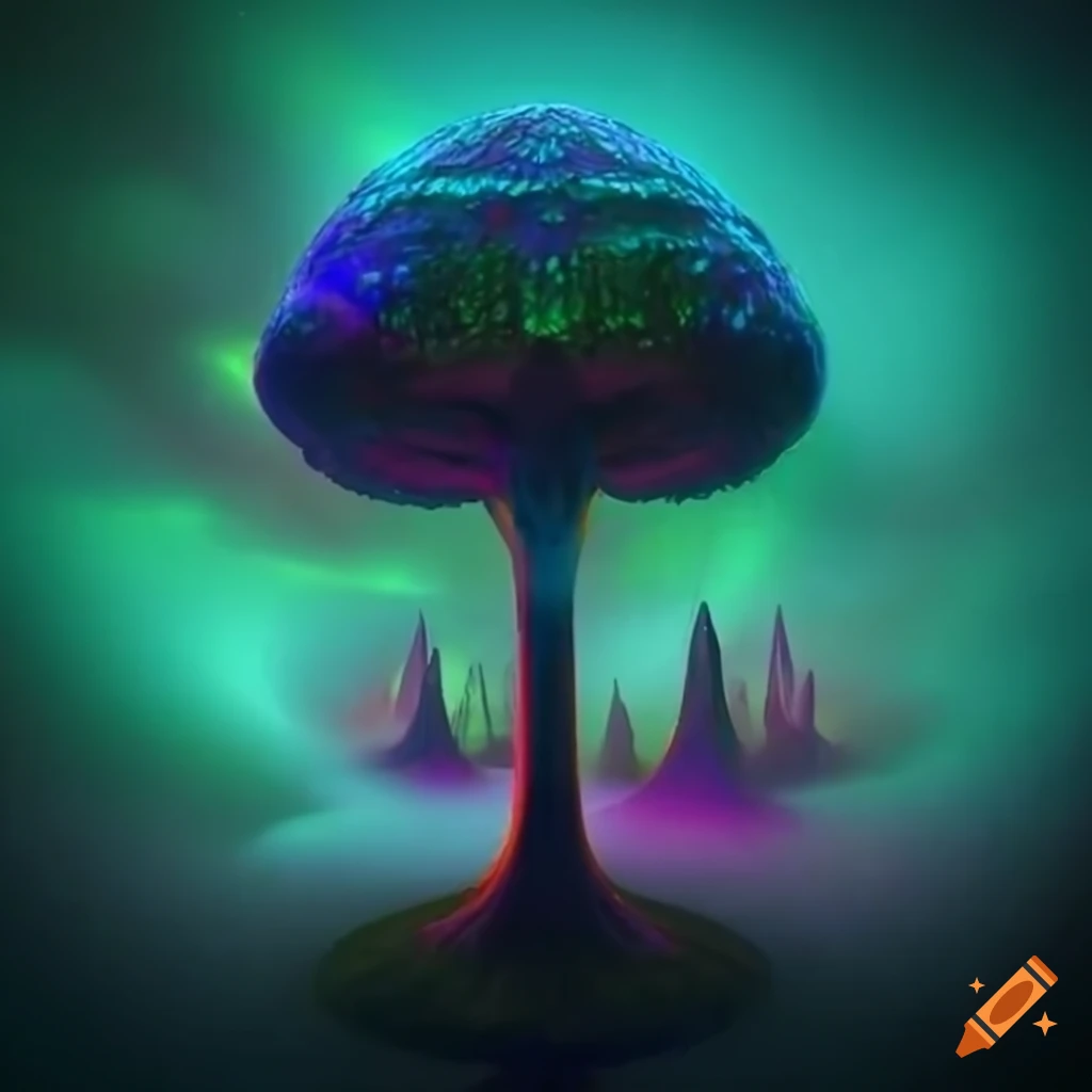 Biopunk paradise with surreal forest merging nature and technology, glowing bioluminescent trees