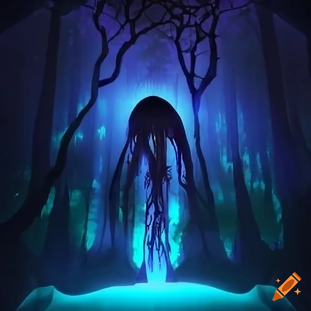 Biopunk paradise with surreal forest merging nature and technology, glowing bioluminescent trees