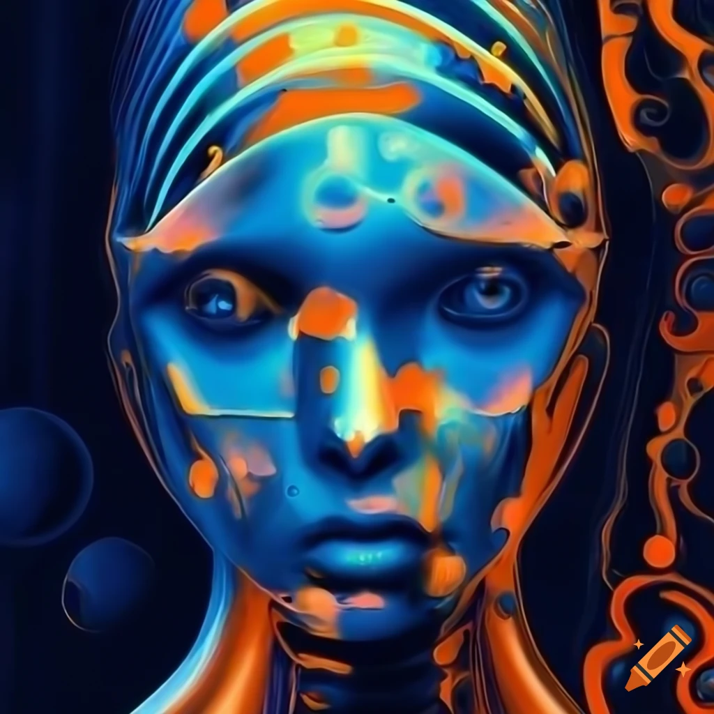 Abstract biomechanoid woman face in x-ray style with metallic surfaces