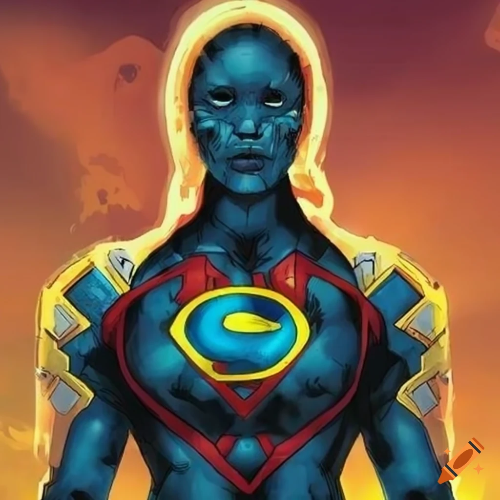Superhero in scifi supersuit with chest symbol in graphic novel art on ...