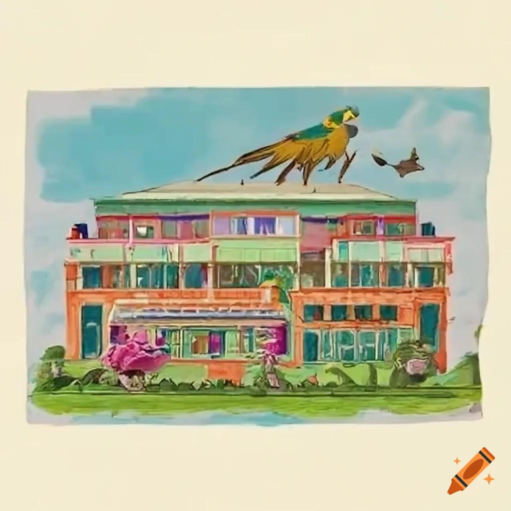 Modern veterinary hospital with macaw, jaguar, and various domestic and farm animals in a colorful setting
