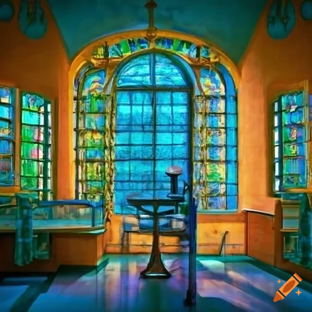 Ethereal veterinary hospital with colorful glass windows and a blue macaw, inspired by Claude Monet's style