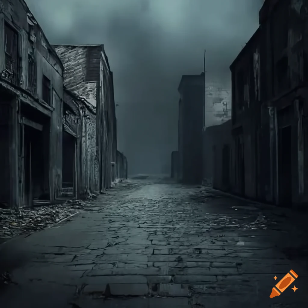 Eerie abandoned ghost town street with mysterious shadow