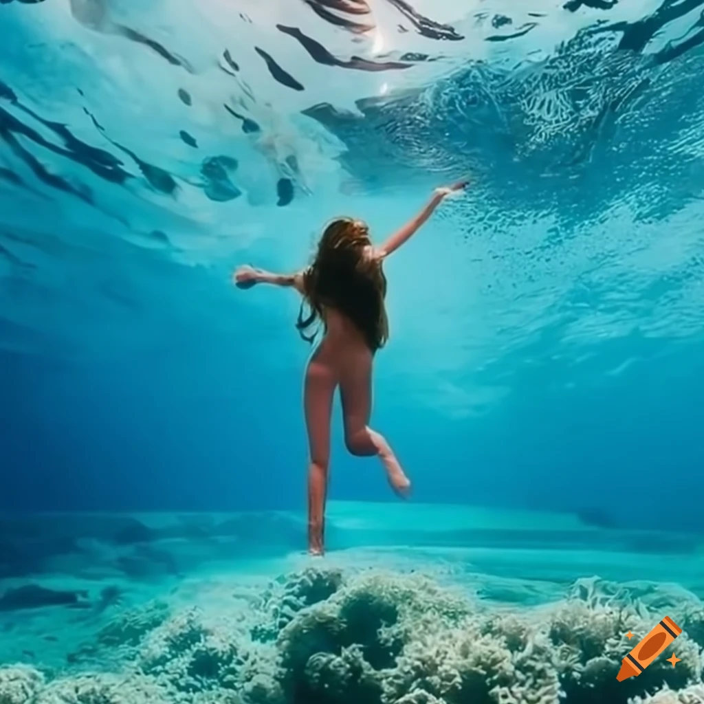 Madison Beer diving underwater with ocean flora
