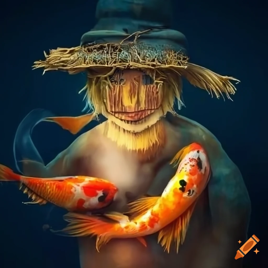 Scarecrow kissing a koi fish