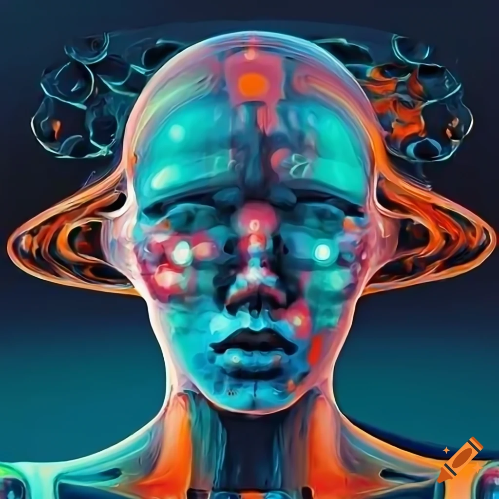 Abstract biomechanoid woman face in x-ray style with metallic surfaces