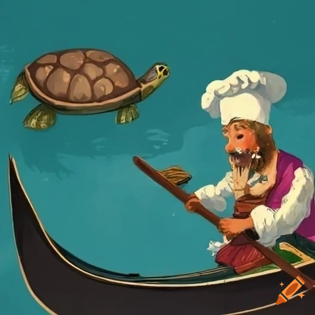 Ottoman cook and turtle in a gondola in Venice from children's book