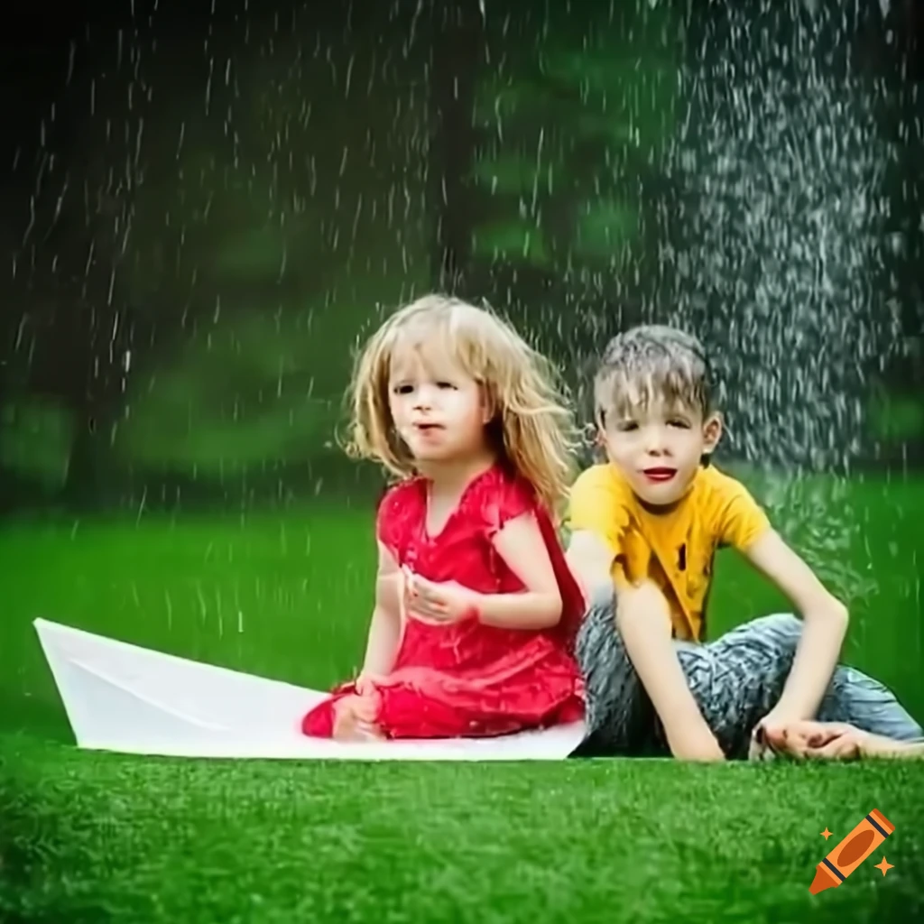 Kids playing in the rain with paper boats, a boy with a soccer ball, and parents watching