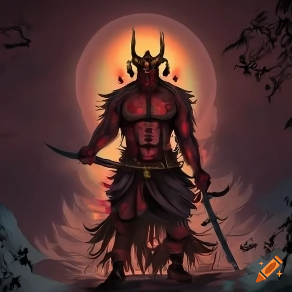 Oni demon with pike weapon in a Japanese setting with heaven gate and ravens
