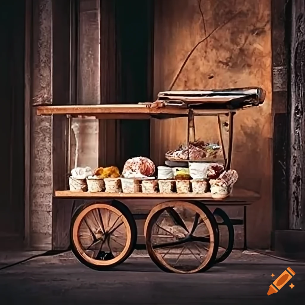 Wood and steel dessert street food cart with intricate details