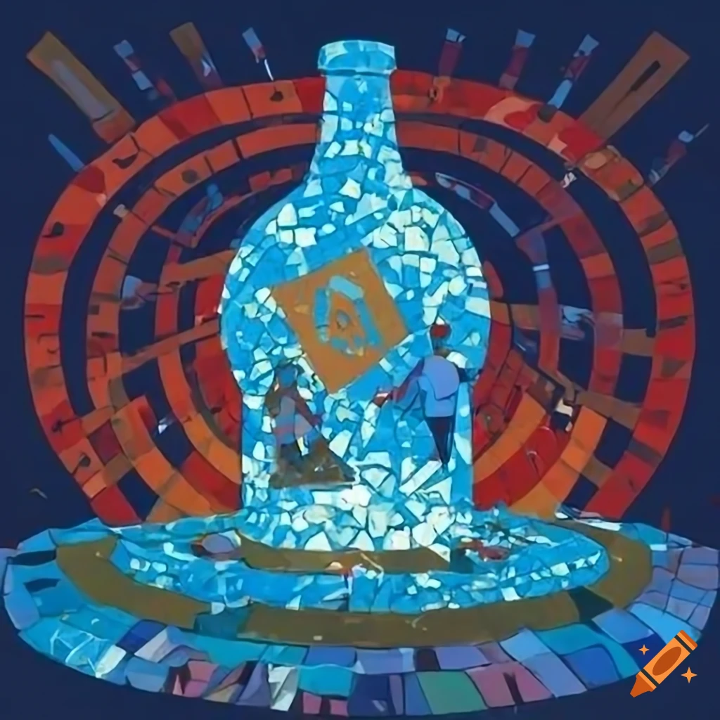 Stylized mosaic depicting Soviet unity with workers and scientists around a monumental round bottle of light blue liquid