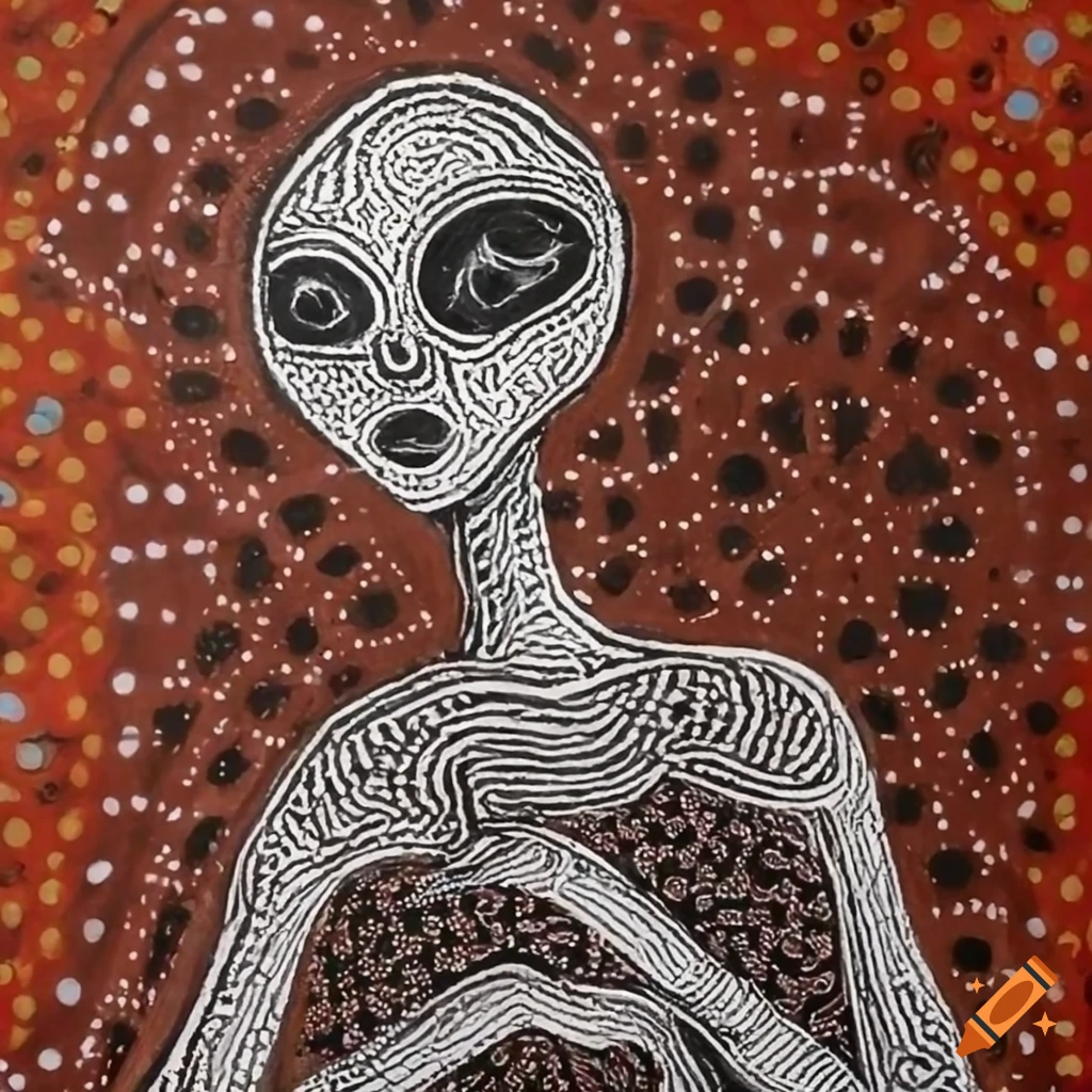 Charcoal drawing of ancient beautiful alien woman dancing in African aboriginal style