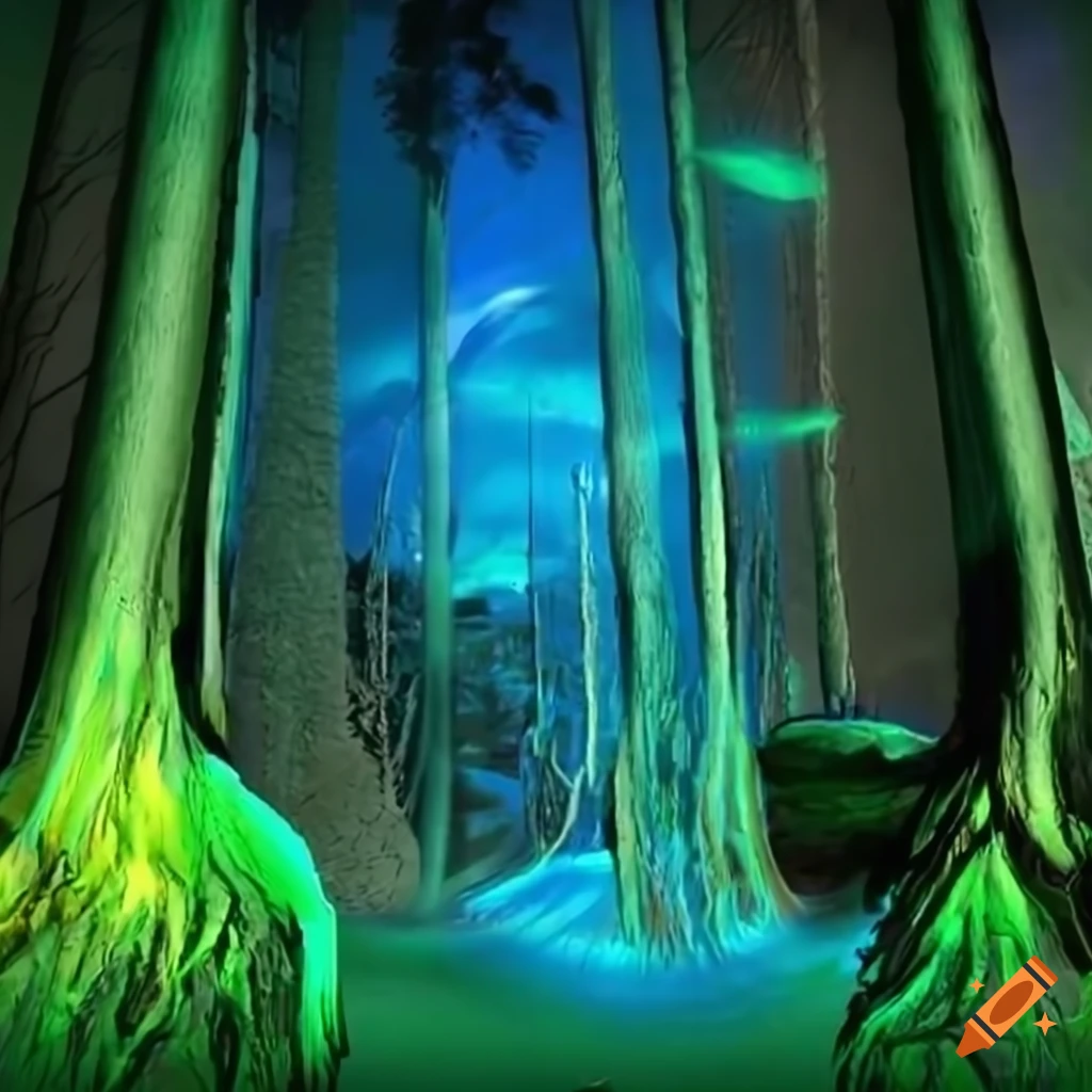Biopunk paradise with surreal forest merging nature and technology