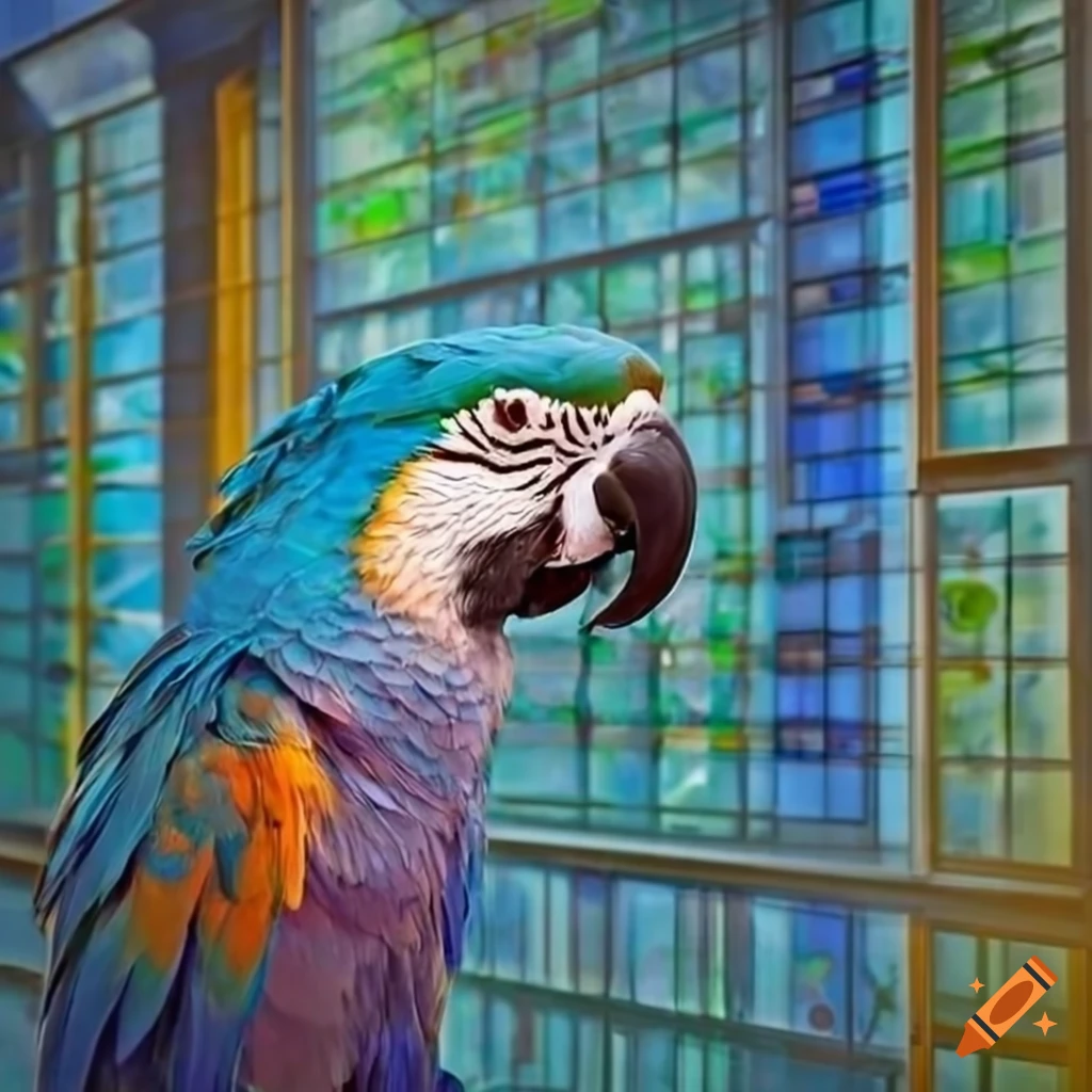 Ethereal veterinary hospital with colorful glass windows and a blue macaw, inspired by Claude Monet's style