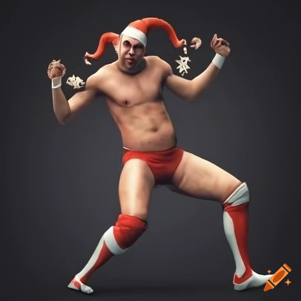 Jester pinning down a wrestler in a wrestling match