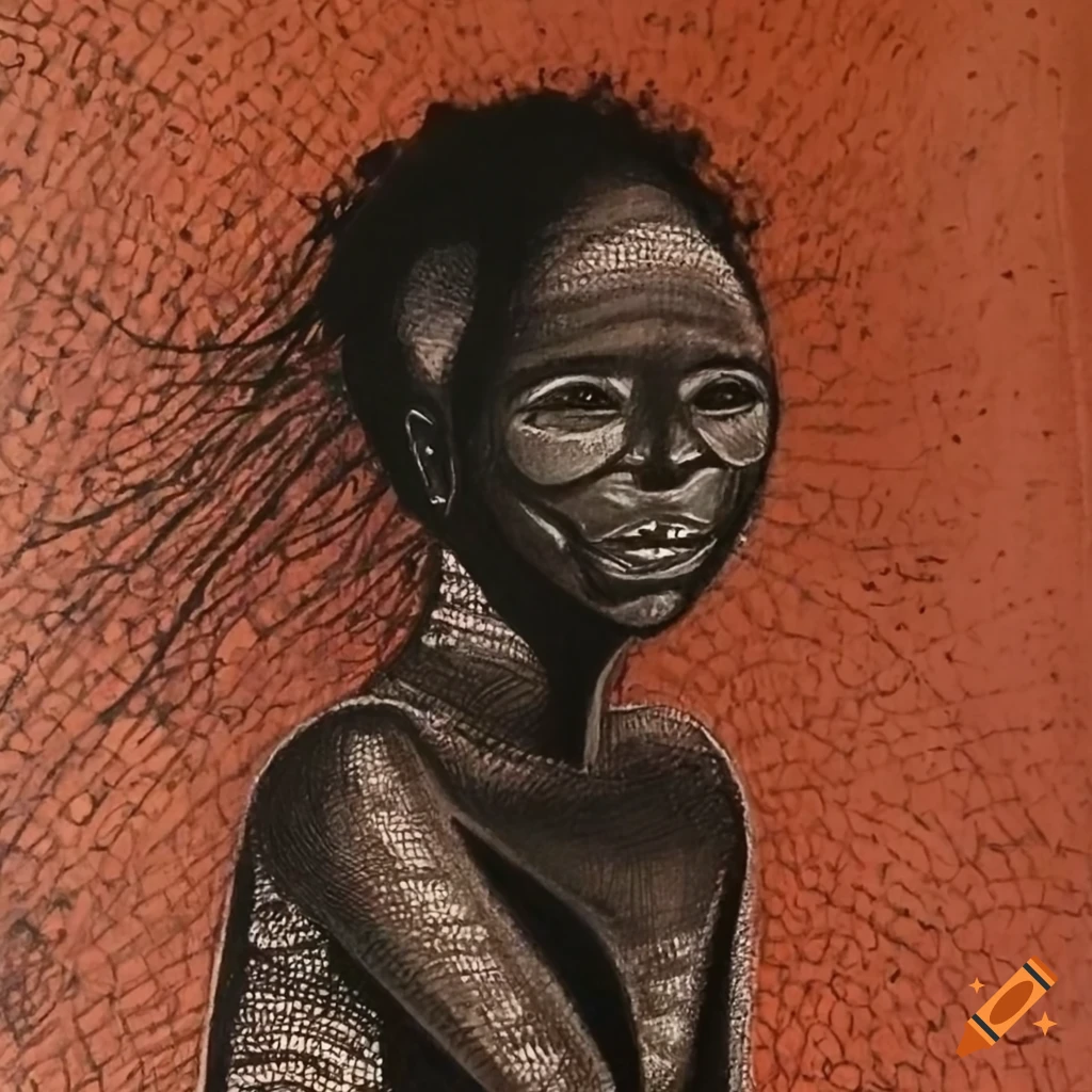 Charcoal drawing of ancient beautiful alien woman dancing in African aboriginal style