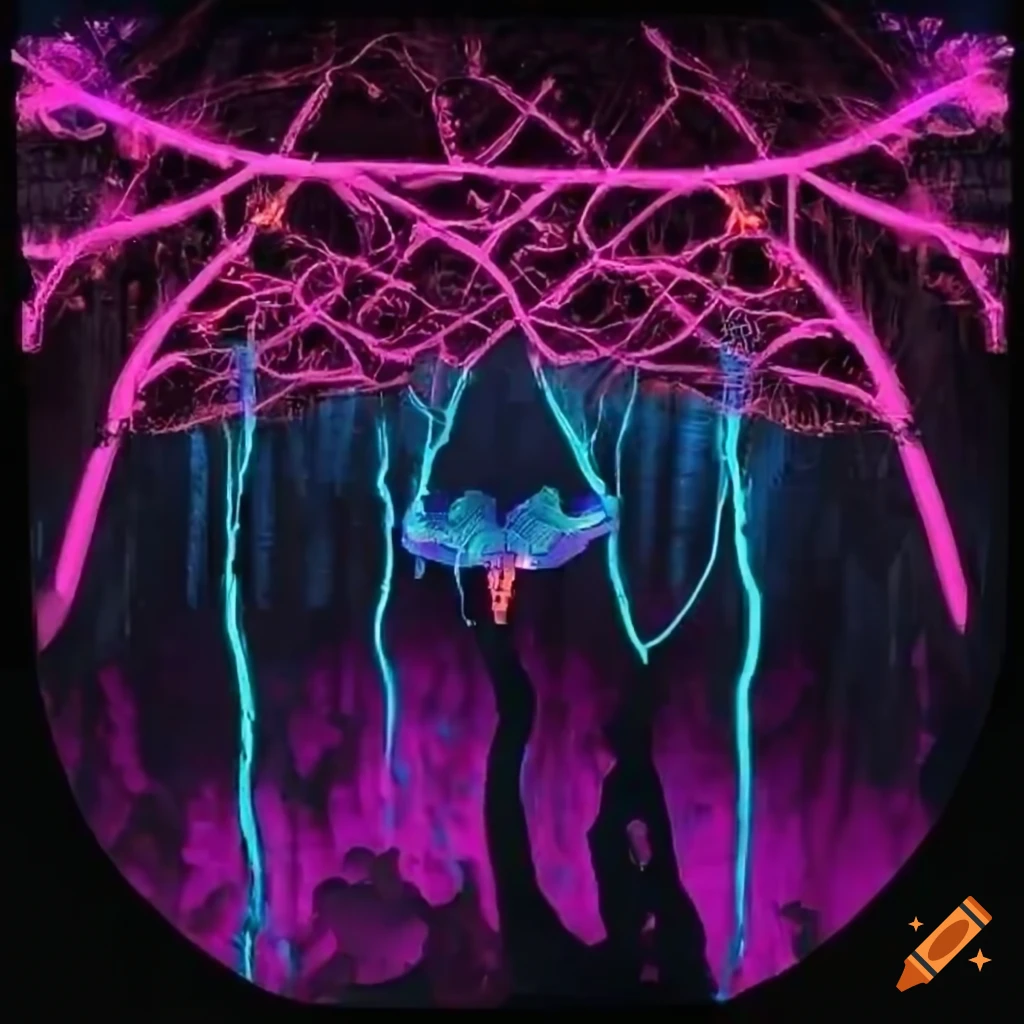 Biopunk paradise with glowing bioluminescent trees in a surreal forest