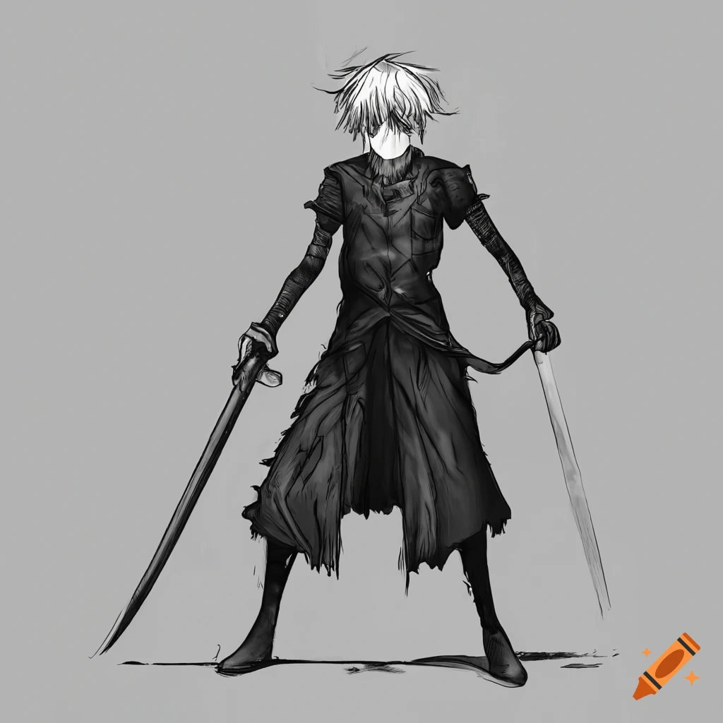 Manga style human with long sword and mask in black clothing