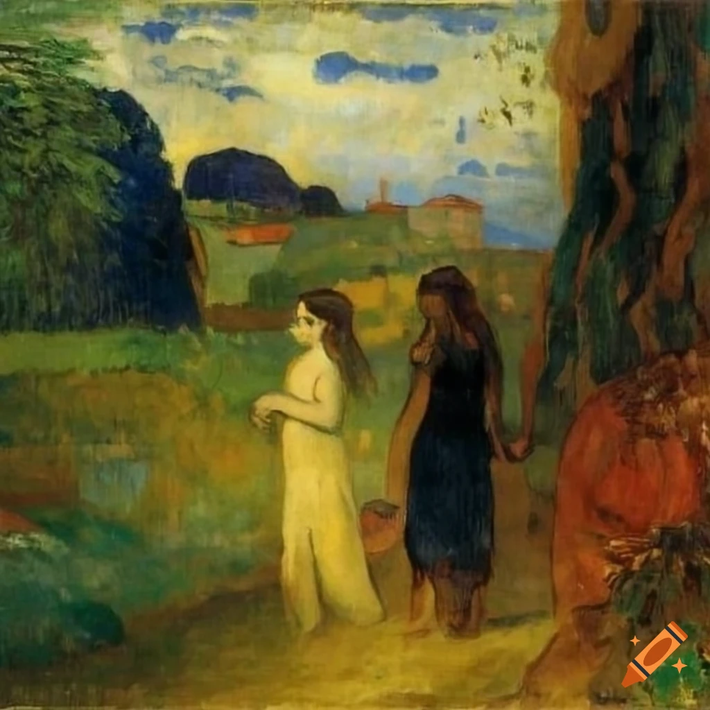 Painting of two individuals in the Italian countryside under a blue sky
