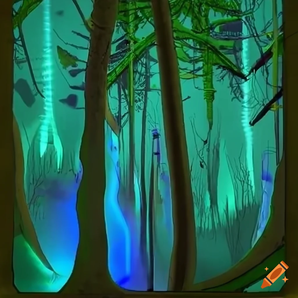 Biopunk paradise with surreal forest merging nature and technology