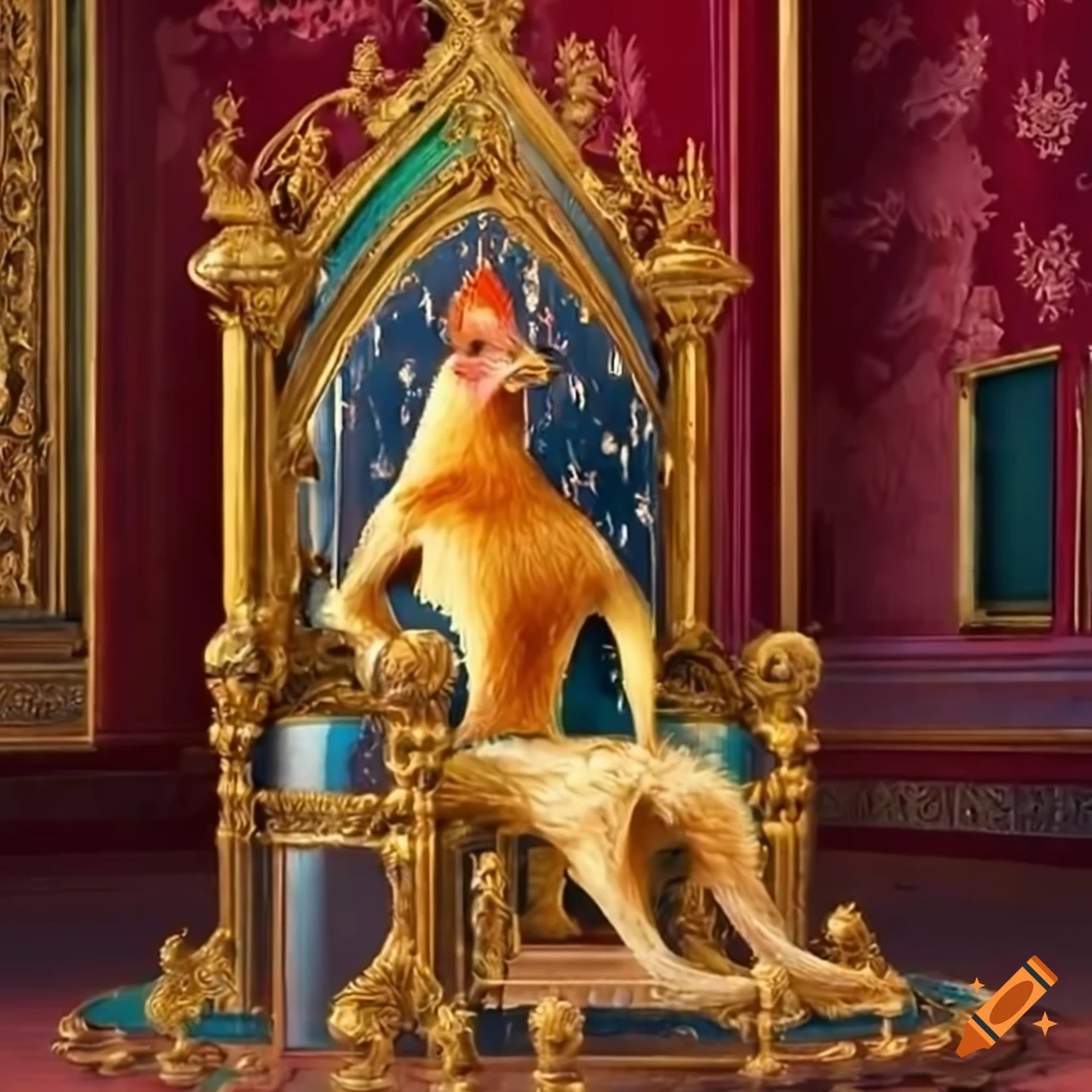 Chicken sitting on a throne in a palace