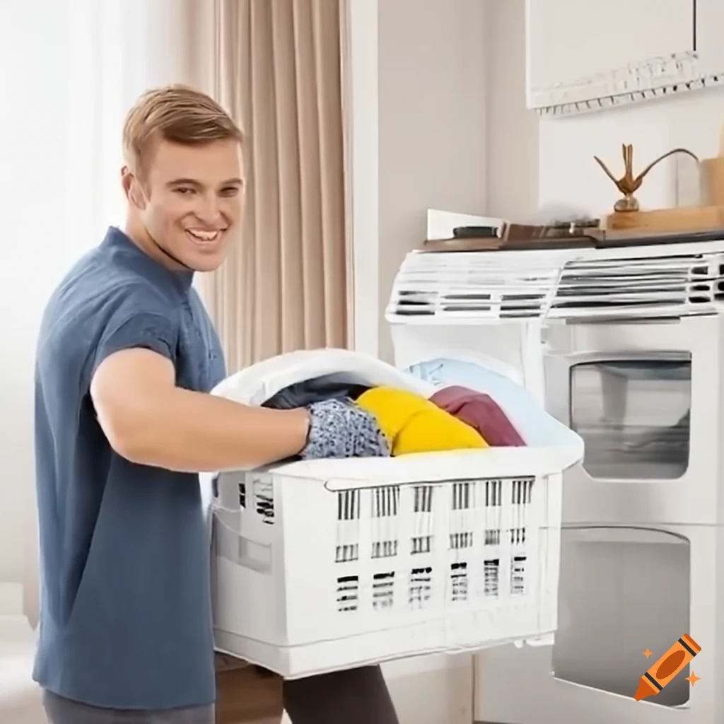Man holding a laundry basket with a laundry machine in the background