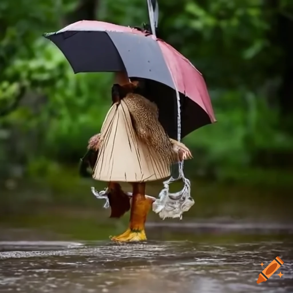 Gallina con botas y sombrilla bajo la lluvia