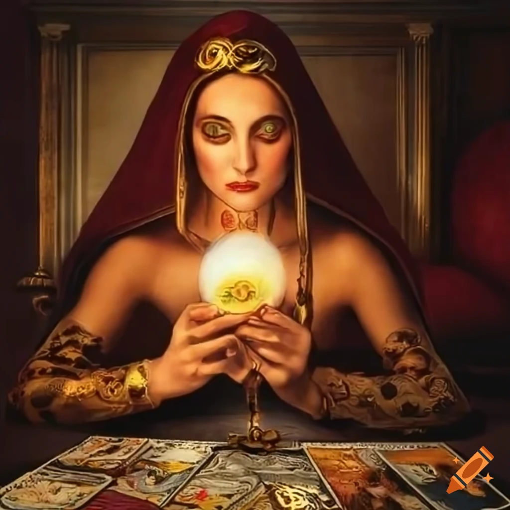 Fortune teller reading tarot cards in a Victorian parlor with an owl on an altar