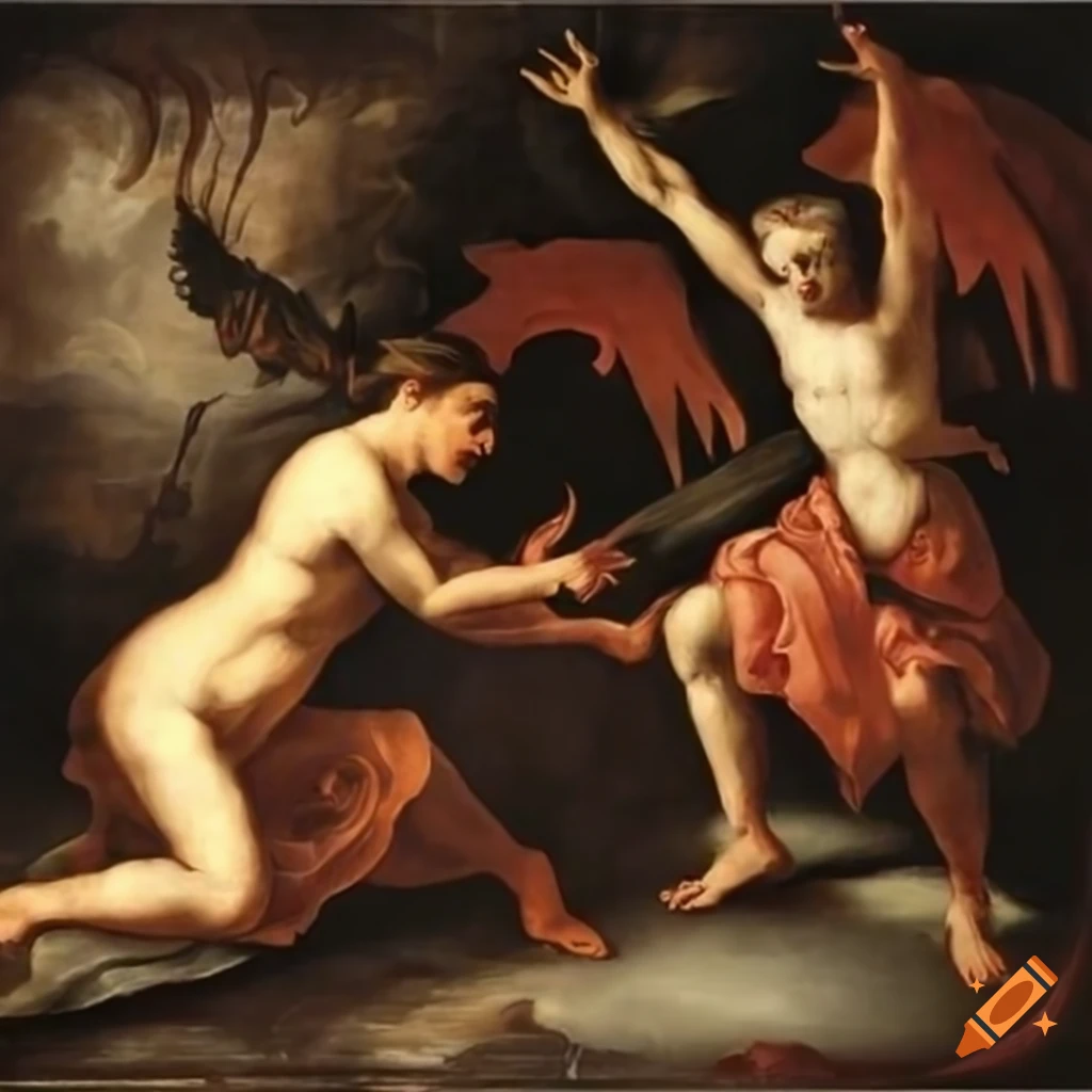 Fighting the demon in a baroque painting