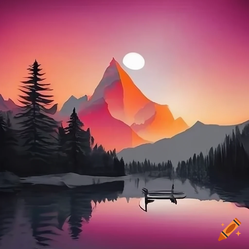 Serene mountain landscape at sunset with a crystal-clear alpine lake on ...
