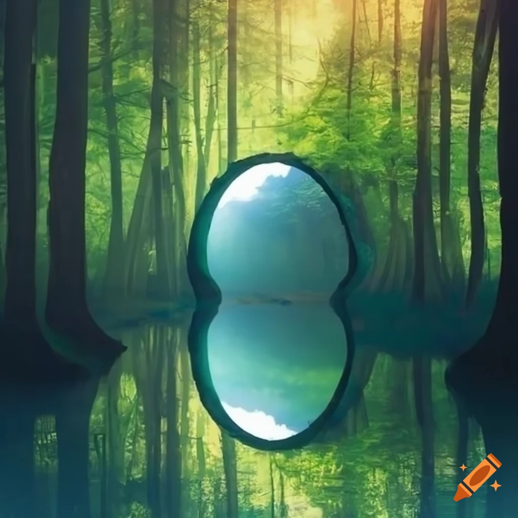 Mirror reflecting fantasy world in the middle of a forest