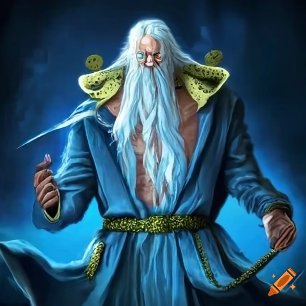 Wizard in blue robe with long white beard looking sternly