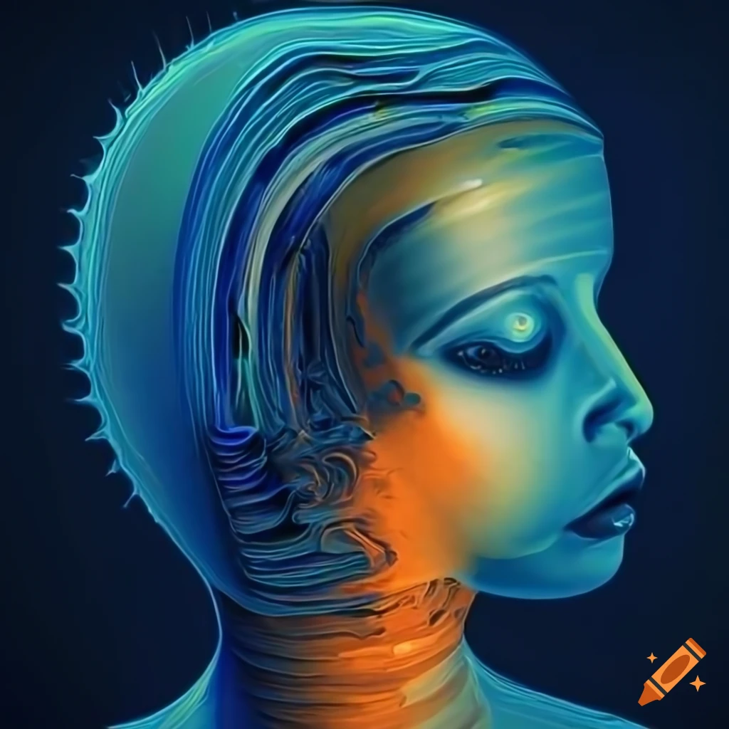 Biomechanoid woman face with metallic surfaces and abstract planetary system, oil paint