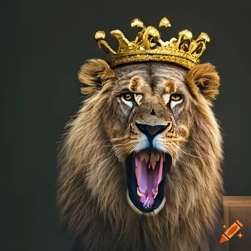 Fierce lion with a crown and open mouth