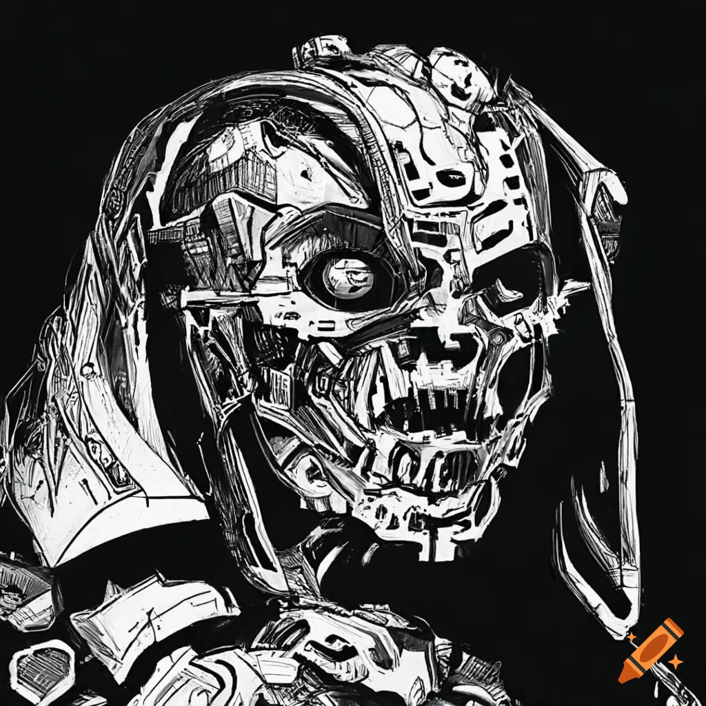 High contrast black and white comic style of a 40k Tech priest cyborg