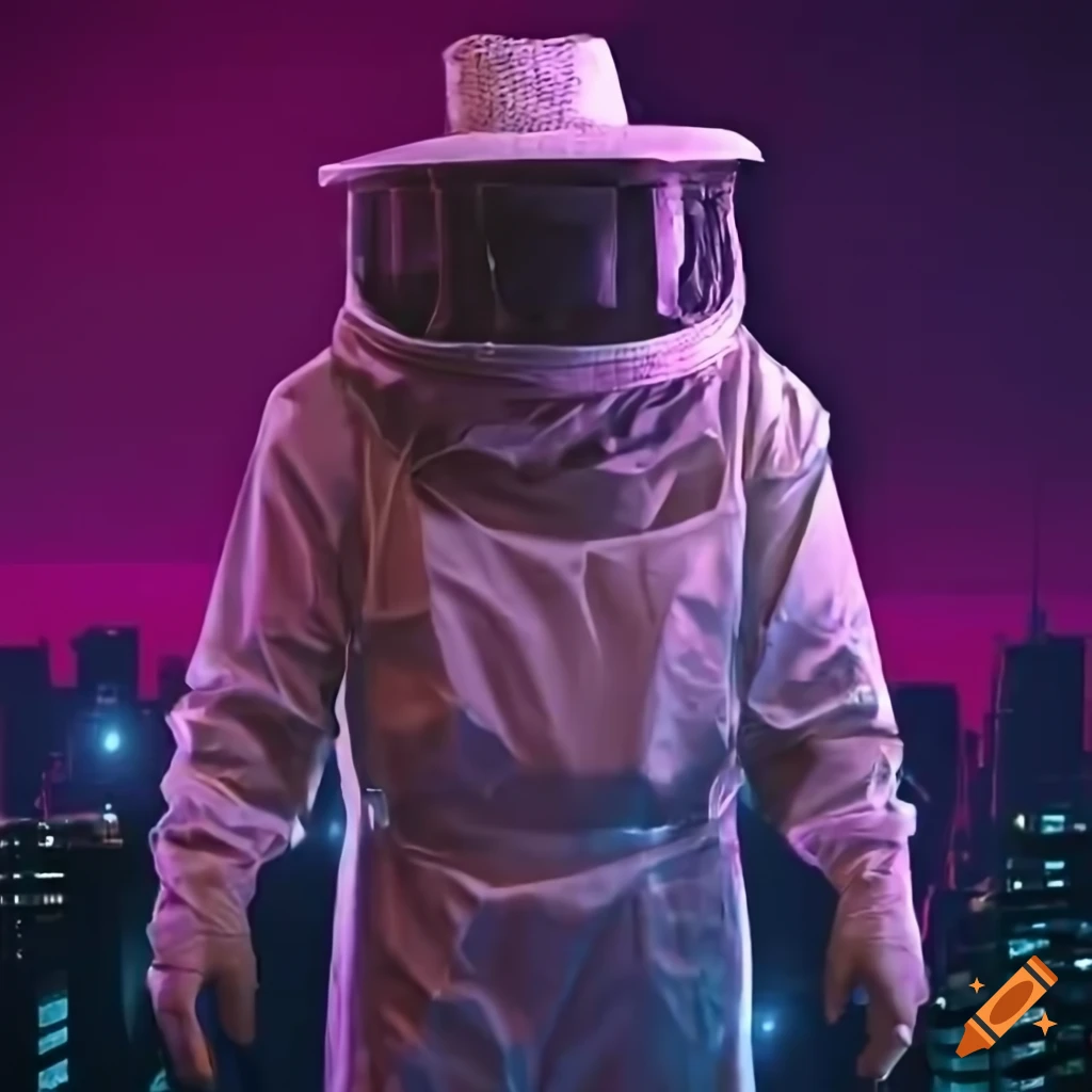 Beekeeper in full body beekeeping suit with smoker, synthwave retro style