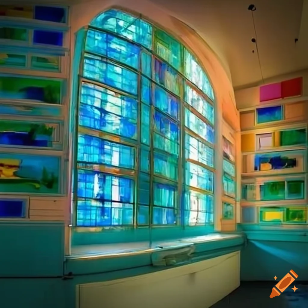 Ethereal veterinary hospital with colorful glass windows and a blue macaw, inspired by Claude Monet's style