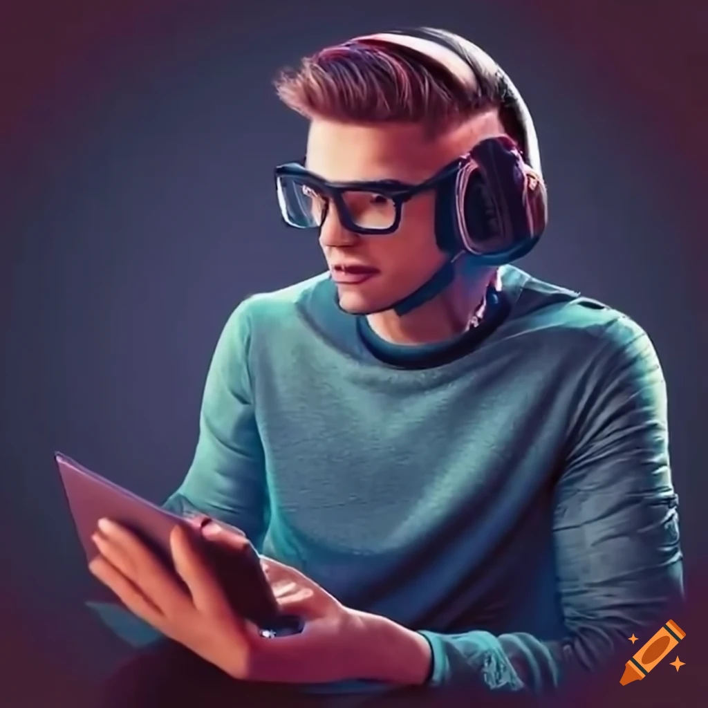 Man programming on laptop with headphones and glasses