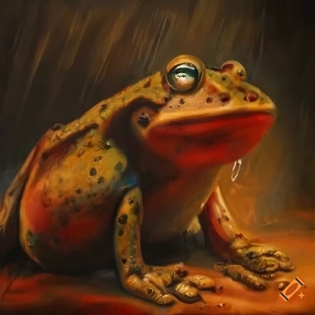Pintura de un sapo soviético bajo la lluvia