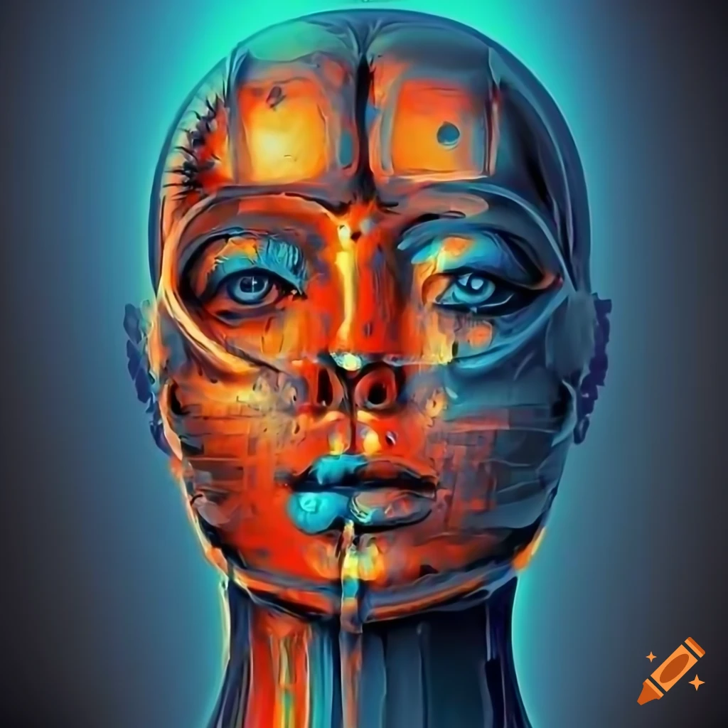 Biomechanoid woman face with metallic surfaces and abstract planetary system, oil paint