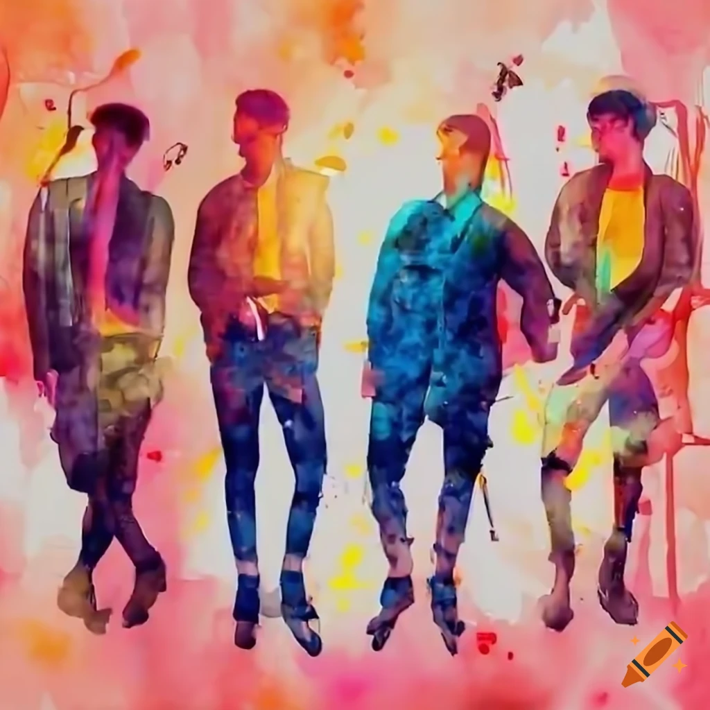Group male models in a music video with streamers