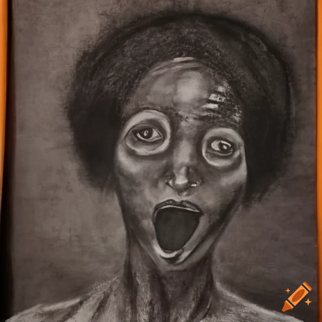 Charcoal drawing of ancient beautiful alien woman dancing in African aboriginal style