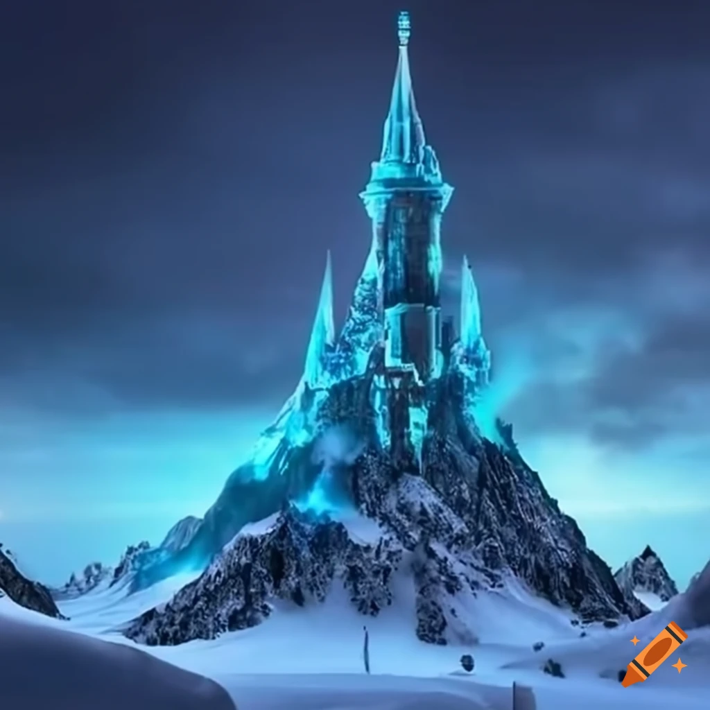 Blue glowing wizard's tower on snowy giant mountain during a blizzard
