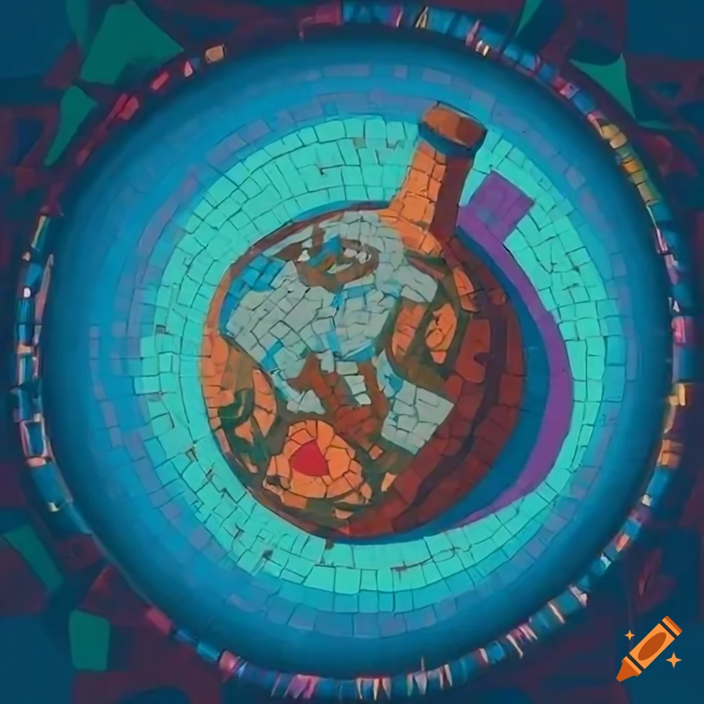 Soviet unity scene with workers, scientists, and a monumental round bottle in a stylized mosaic