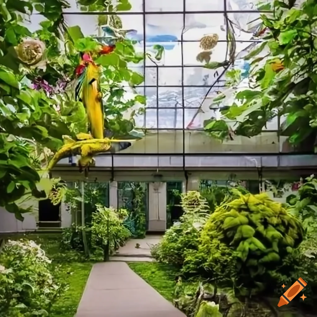 Ethereal veterinary hospital with a macaw on the roof and a jaguar in the corner surrounded by colorful glass windows