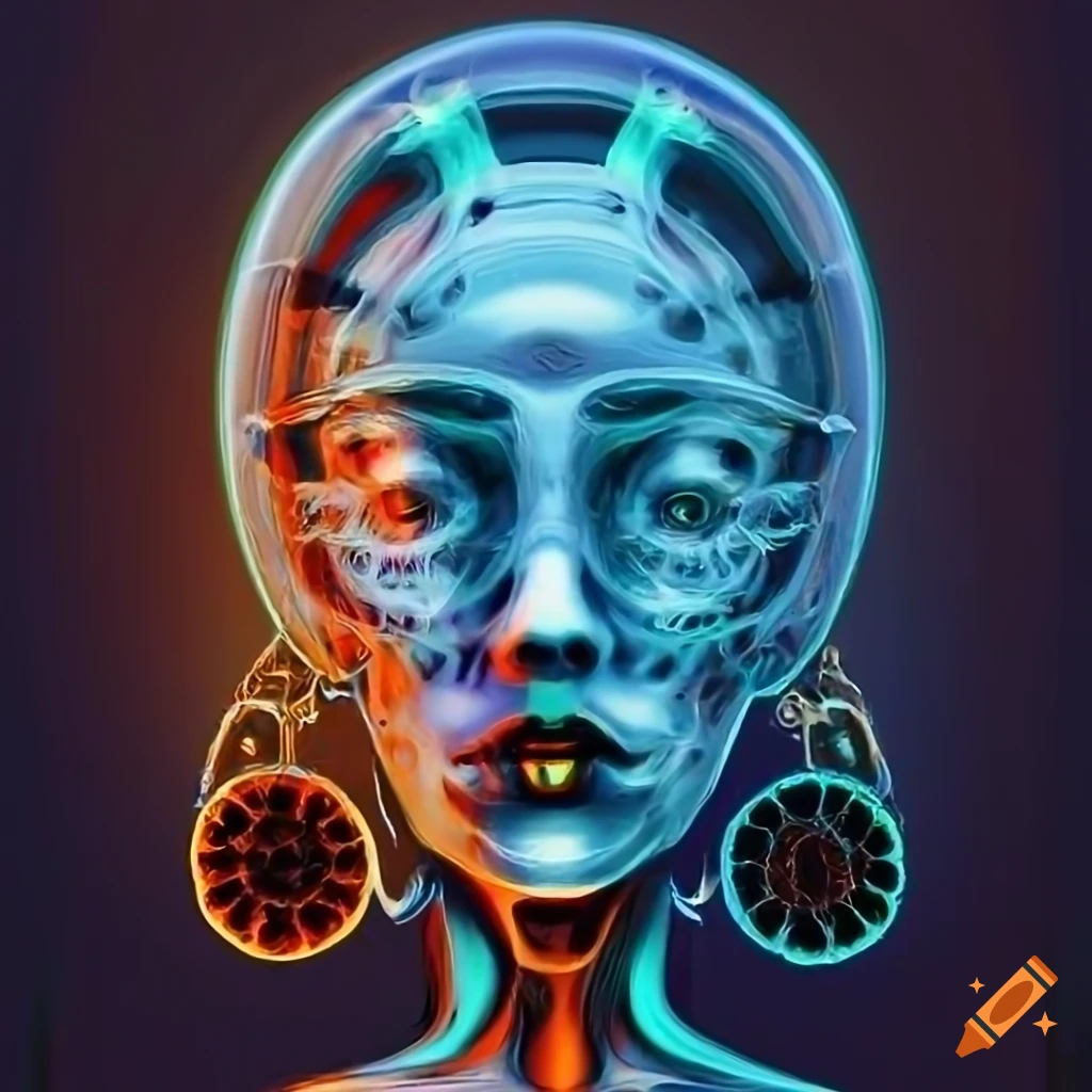 Abstract biomechanoid woman face in x-ray style with metallic surfaces