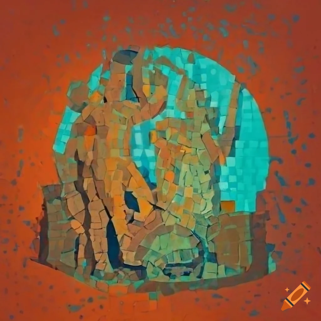 Stylized mosaic of Soviet unity with workers and scientists in a forge casting molten metal