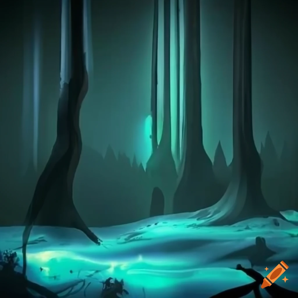 Biopunk paradise with surreal forest merging nature and technology, glowing bioluminescent trees